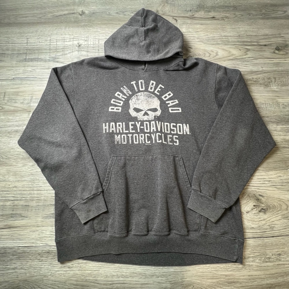 Harley-Davidson Hoodie Mens L Gray Born To Be Bad Skull Woodstock IL Graphic